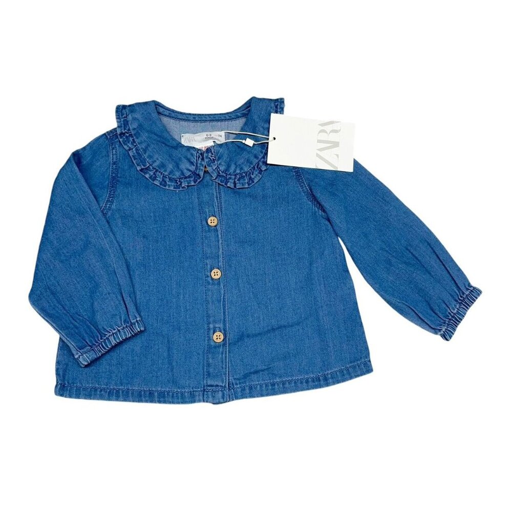 NEW Zara 6-9 mos Ruffle Peter Pan Collar Blue Chambray Denim Button Up Cotton